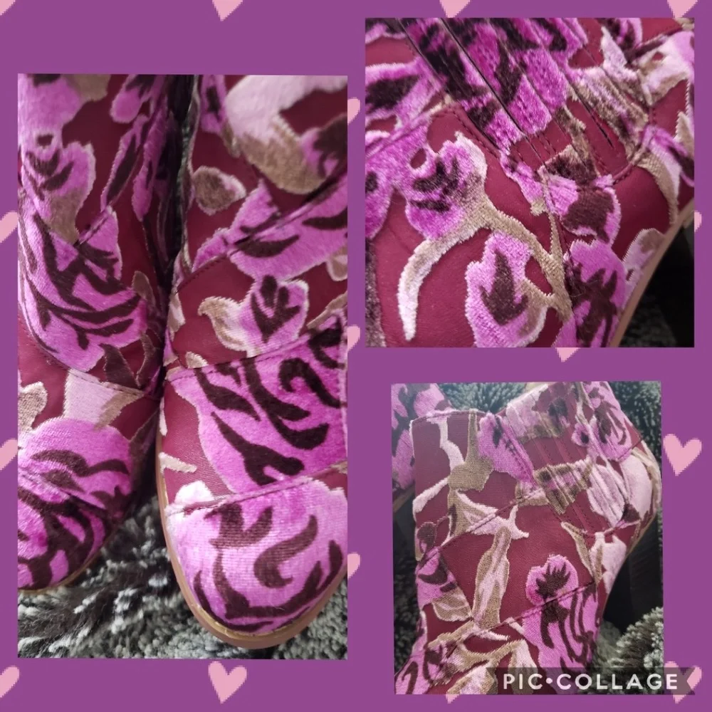 Anthropologie Pink and Burgundy Floral Velvet Ankle Boots